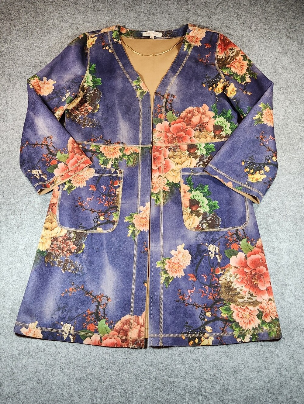 Solitaire Floral Longline Robe Jacket - Blue, Pink, Green Small